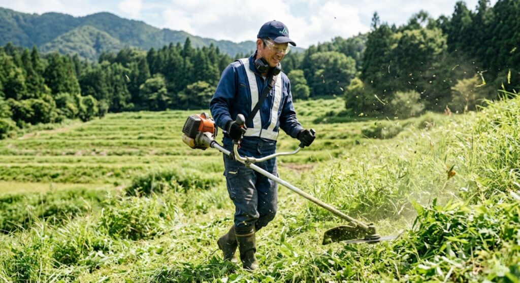 刈払機で草を刈る作業者（飛散物から目を守る保護メガネが必要な場面）