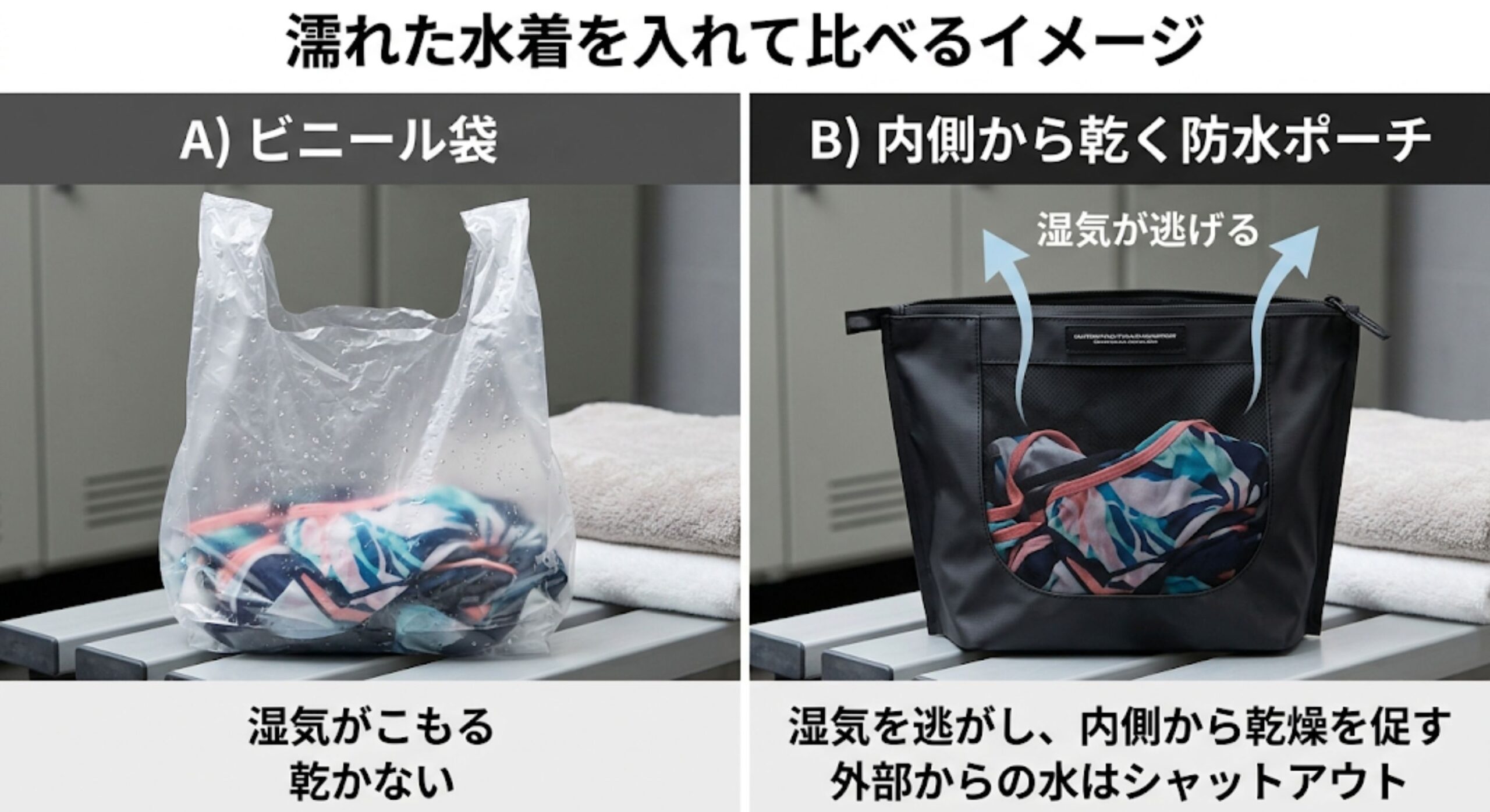 濡れた水着の持ち帰り比較：ビニール袋は湿気がこもり、Nestrayの防水生地は内側から乾く