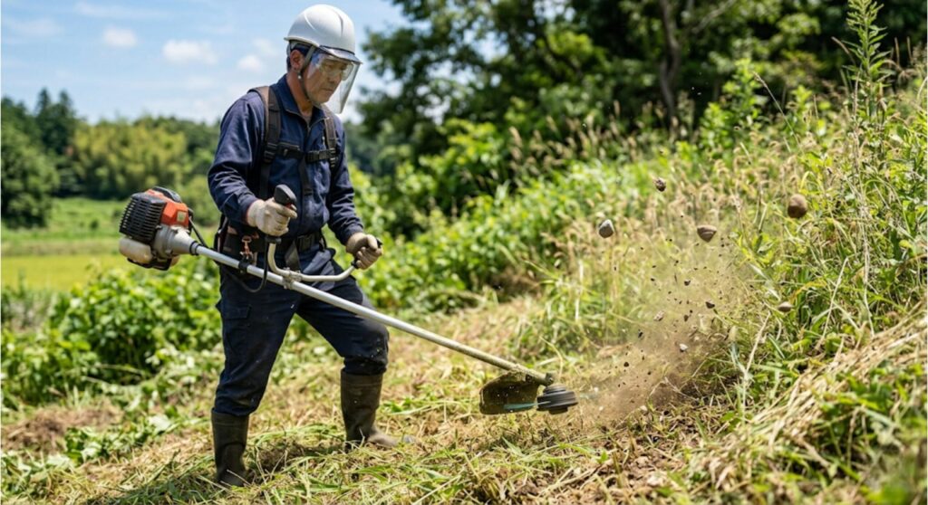 ヘルメットを着けて刈払機で草を刈る作業者