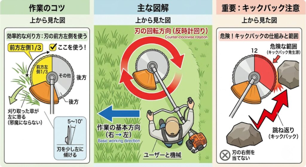 草刈り機の刃の回転方向と飛散・キックバック注意の図解