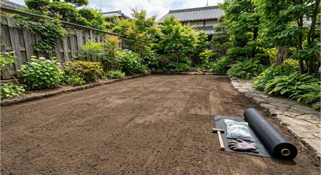 整地した庭と敷く前の防草シート