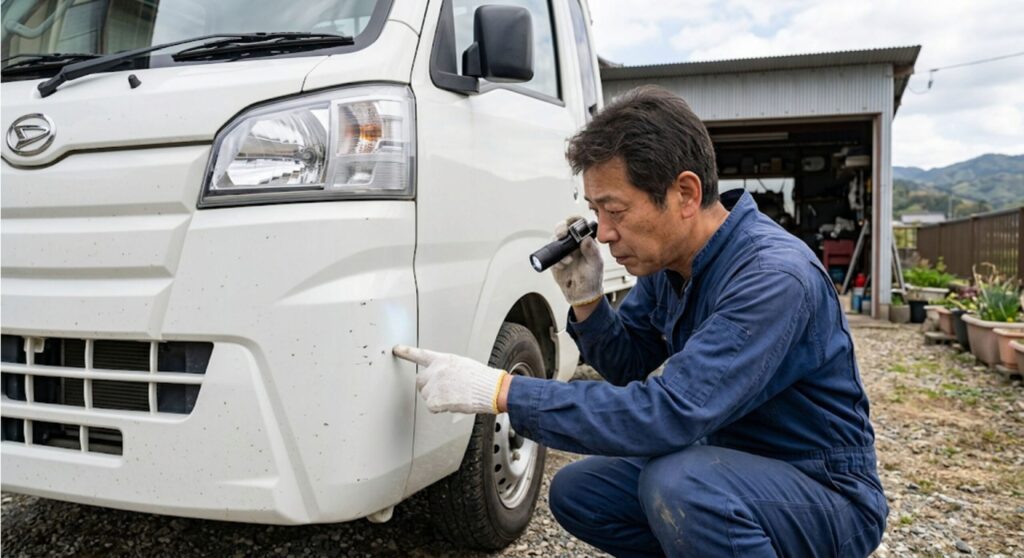 草刈りの飛び石で付いた車の傷を確認する男性