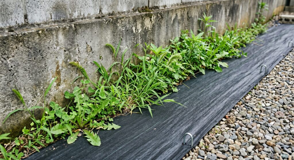 防草シートと壁際の隙間から生えた雑草