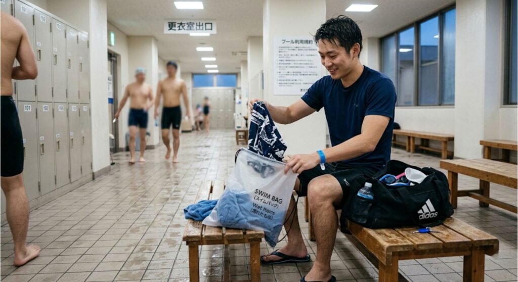 プールの更衣室で濡れた水着をビニール袋に入れる様子