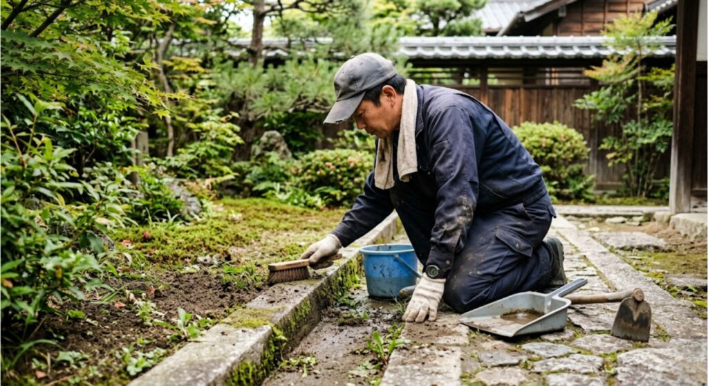 庭のキワに生えた雑草を手入れする男性