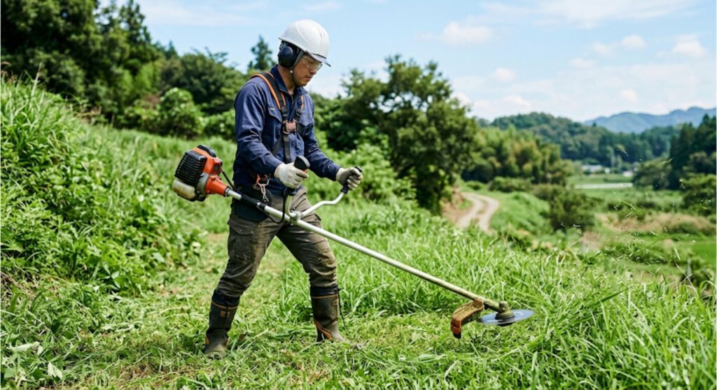 山あいの草地を刈払機で刈る作業者