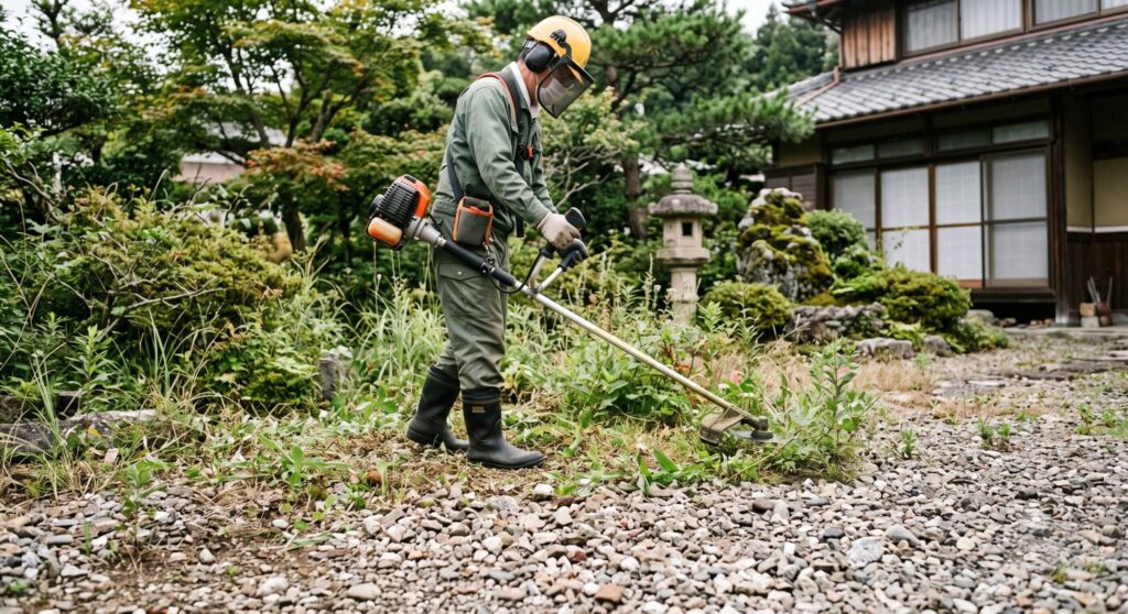 石が多い庭で草刈り機を使う作業シーン｜3枚刃の飛び石・刃こぼれに注意