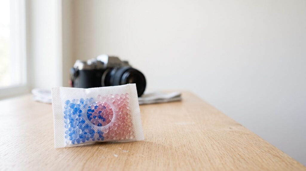 Nestrayカメラ乾燥剤のドライチェッカー(判定窓)|吸湿すると色が変わり交換時期がひと目で分かる