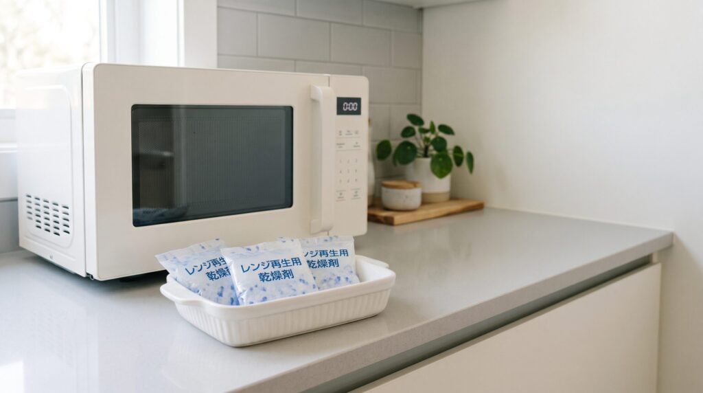 Nestrayカメラ乾燥剤を電子レンジで再生する様子|数十秒ずつ加熱して繰り返し使える