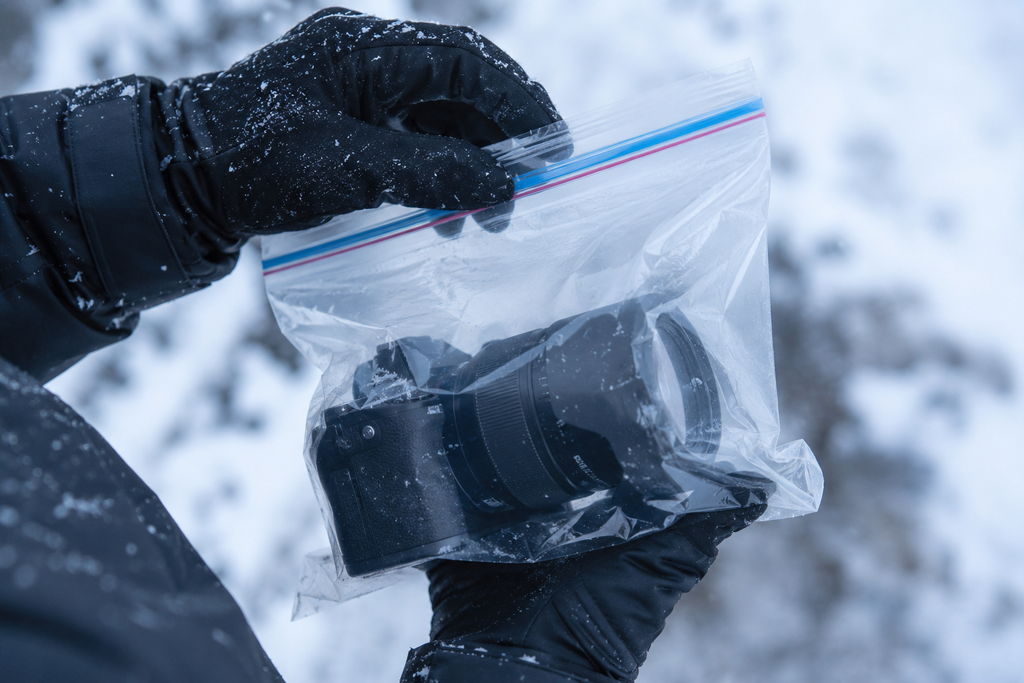 雪の屋外でカメラを密閉袋に入れて結露を防ぐ手順